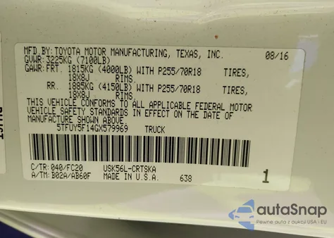 2016 Toyota Tundra Sr5 5.7L V8 из США, поврежденный, VIN 5TFUY5F14GX579969